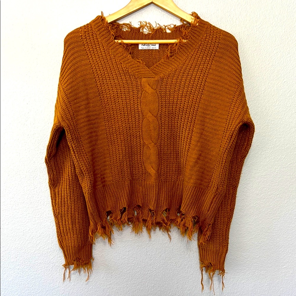 Distressed Cable V-Neck Sweater - Rust